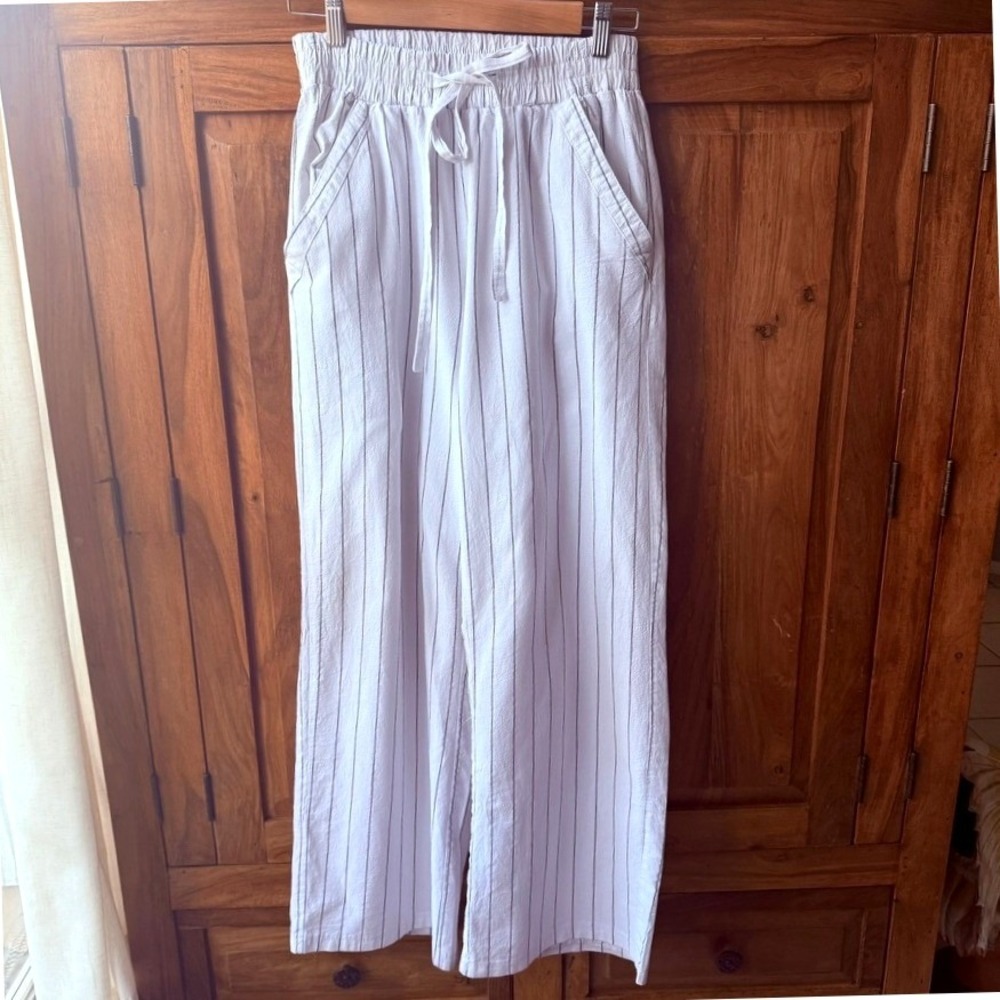 Sienna Sky Womens Medium White Black Striped Wide Leg Pants Coastal Minimalist